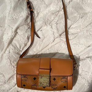 MCM Small Tracy Visetos Leather Barrel Bag